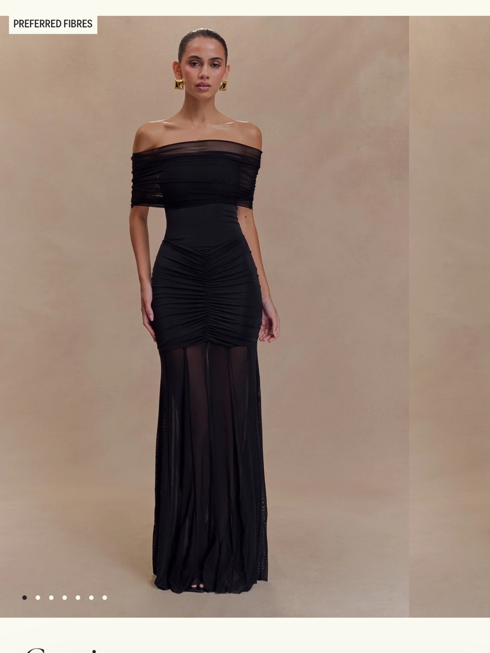 Meshki Caspian Slinky Black Off-the-Shoulder Ruched Mesh Maxi Dress